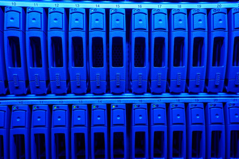 Close up image a lot of different HDD disks with yellow indicators
