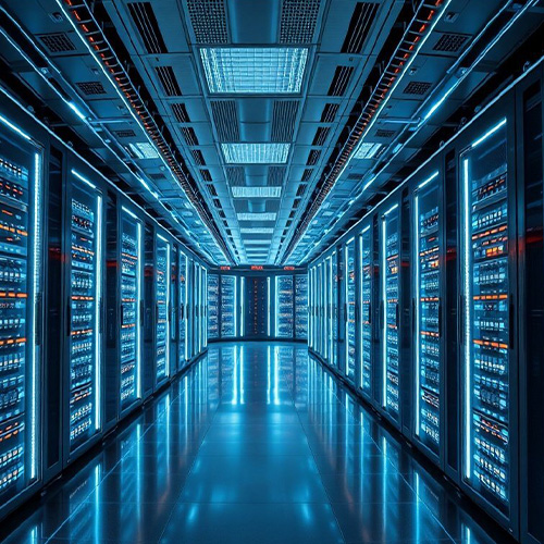 Modern data center with illuminated server racks