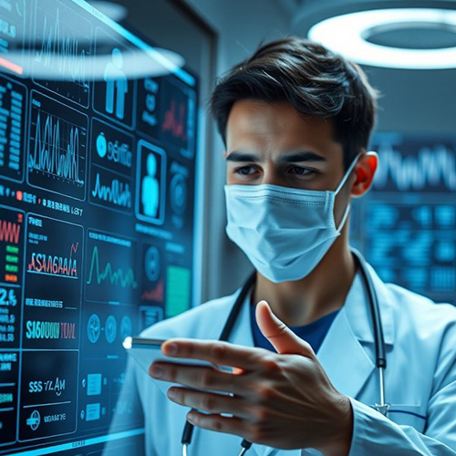 Doctor analyzing digital medical data on futuristic screen