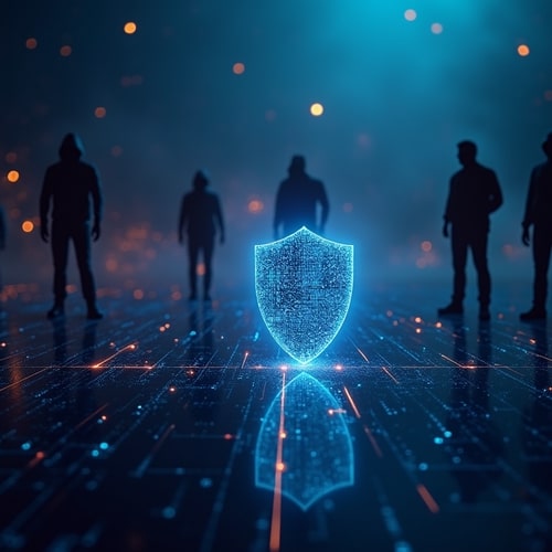 Digital shield protecting against silhouetted hackers