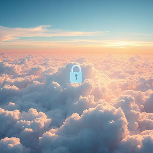 Cloud computing security icon over colorful sky