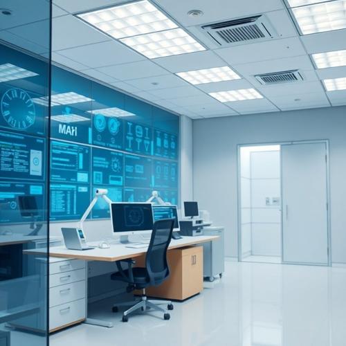 Modern IT office with medical compliance dashboards on glass wall