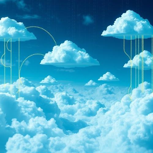 Cloud computing concept with data connections between floating clouds