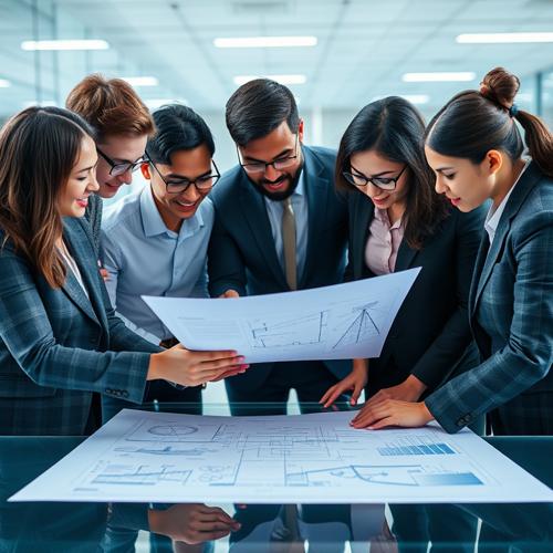 Team reviewing architectural blueprints in modern office
