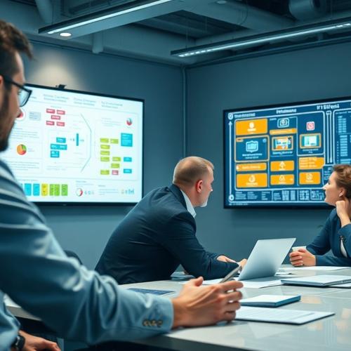 Business team discussing IT consulting strategies with digital dashboards